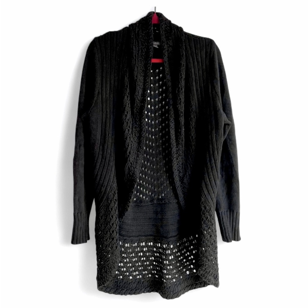 Eddie Bauer Black 100% Cotton Open Front Cardigan with Crochet Back Size L